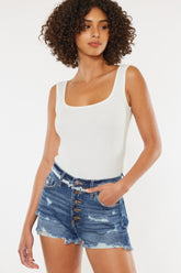 Kancan Distressed Button Fly Denim Shorts Dark OutfitFlow